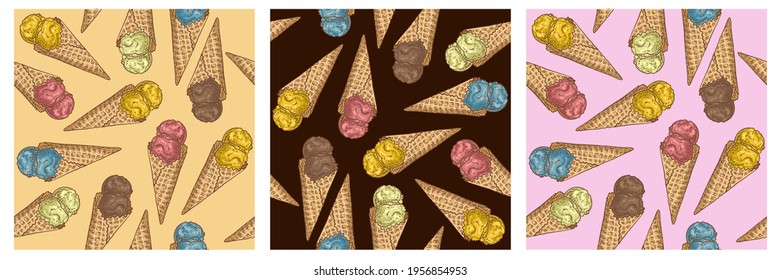 ice cream waffle cones vintage seamless pattern