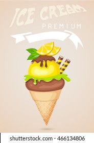 Ice cream in waffle cone.Vector illustration.