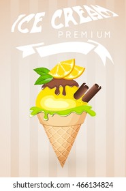 Ice cream in waffle cone.Vector illustration.
