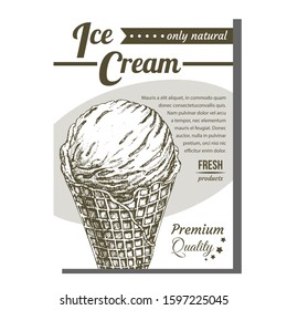 Ice Cream In Waffle Cornet Snow Cone Banner Vector. Whipped Milk Cold Gelato Sweet Dessert Ice Cream Concept. Refreshing Natural Dairy Tasty Snack Designed Template Monochrome Illustration