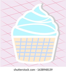 Ice cream in a waffle cup in blue and yellow, isolated on a textured background. Vector illustration in cartoon style. Icon sticker for children and girls. 