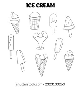 Ice cream in a waffle cup and in a cream bowl. Linear illustration of a set of ice cream cones with different flavors. Vector illustration in a flat style.