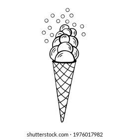Ice cream in a waffle cup with bubbles on a white background, doodle.Vector dessert can be used in menus,textiles, and postcards.