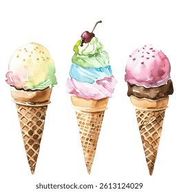 Ice cream in waffle cup with сруккн and chocolate flavour vector illustration in watercolor style.
