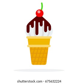 Ice cream in a waffle cup with chocolate sauce and cherries vector flat material design isolated on white