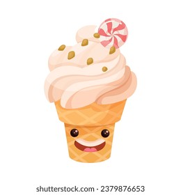 Ice Cream Waffle Cup with Cute Face as Frozen Dessert Vector Illustration