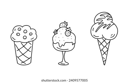 Un helado en una taza de gofre. Deliciosa comida, postre láctico de verano. Dibujo vectorial de dibujos animados. Esbozo de contorno en blanco y negro