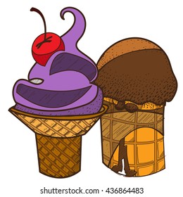Ice cream waffle cup. Desserts and sweets color illustration.