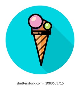 ice cream in a waffle cup, a flat icon with a long shadow on a round blue background. Vector EPS10