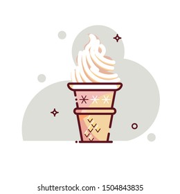 Ice cream in a waffle cup. Flat cartoon style. Isolated fast food icon for poster, web design, banner, logo or badge. Colorful vector illustration.