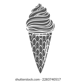 Ice cream in waffle cup glyph icon vector illustration. Stamp of soft vanilla sundae twirl in crispy wafer cone, serve of whipped cream swirls for summer refreshment, creamy whipped dessert for kids