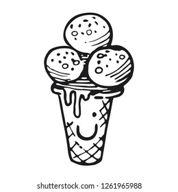 Ice cream in waffle of cup. Hand drawn icon. Vector illustration in sketch style.
