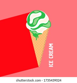 Ice cream in a waffle cup. Ice-cream cone of different taste with  toppings. Summer dessert. Vector illustration