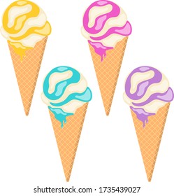 Ice cream in a waffle cup. Ice-cream cone of different taste with  toppings. Summer dessert. Vector illustration