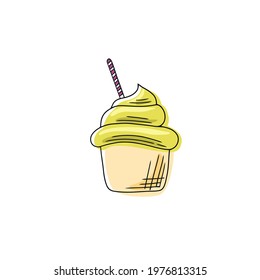 Ice cream with a waffle cup on a white plate with yellow glaze. Vector illustration of summer sweetness