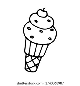 Ice cream in waffle cup outline doodle isolated illustration on white background. Conic dessert icon