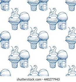 Ice cream waffle cup outline seamless pattern for design surface. Desserts and sweets theme.