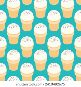 Ice cream in waffle cup pattern seamless. Sweets background. Ornament of kids fabric