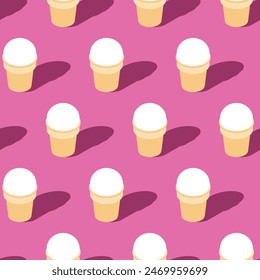 Ice cream in waffle cup pattern seamless. Sweets background. Ornament of kids fabric