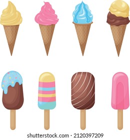 Ice cream in a waffle cup and popsicle. A set of various ice cream. A large collection of ice cream. Sweet cold dessert, vector illustration