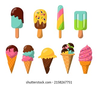 Ice cream in a waffle cup and popsicle. A set of various ice cream. A large collection of ice cream. Vector isolated on a white background