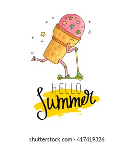 Ice cream in a waffle cup rides a scooter. Hello summer on a smear of yellow ink. Vector illustration on white background. Excellent print on card. Trend calligraphy. Fun cold  print. Sweet cafe food.