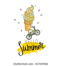 Ice Cream In A Waffle Cup Rides A Bicycle. The Inscription Hello Summer On A Smear Of Yellow Ink. Vector Illustration On White Background. Excellent Print On A T-shirt. Fashionable Calligraphy.
