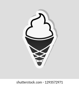 Ice cream in waffle cup. Simple icon. Sticker style with white border and simple shadow on gray background