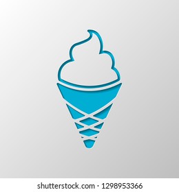 Ice cream in waffle cup. Simple icon. Paper design. Cutted symbol with shadow