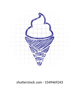 Ice cream in waffle cup. Simple icon. Hand drawn sketched picture with scribble fill. Blue ink. Doodle on white background