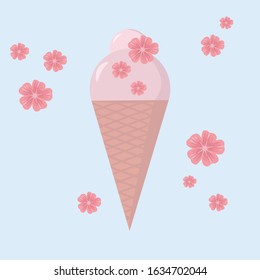 Ice cream in a waffle cup with spring flowers. Cherry blossom. Sakura ice cream. Japanese ice cream. Isolated vector illustartion.