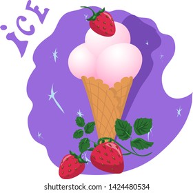 ice cream in a waffle cup with strawberries, delicious dessert, cool, summer