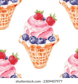 Ice cream in waffle cup with strawberries and blueberries vector seamless pattern design in watercolor imitation style.