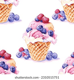 Ice cream in waffle cup with strawberries and blueberries vector seamless pattern design in watercolor imitation style.