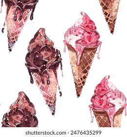 Ice cream in waffle cup with strawberry and chocolate flavour vector seamless pattern design in watercolor style.