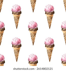 Ice cream in waffle cup with strawberry and chocolate flavour vector seamless pattern design in watercolor style. Summer design.