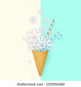 Ice cream in a waffle cup with stylized snowflakes, pastel, minimalism, abstract vector illustration