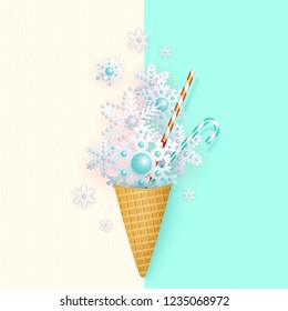 Ice cream in a waffle cup with stylized snowflakes, pastel, minimalism, abstract vector illustration