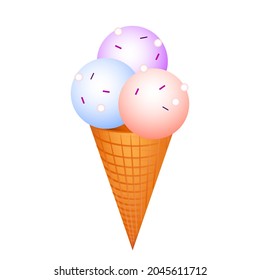 Ice cream in waffle cup with three balls isolated on white background. Cool dessert vector illustration. 
