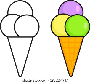 Ice cream in a waffle cup. Vector graphics. Icon for the design. Colorful ice cream balls. Refreshing dessert.