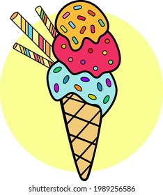Ice cream in a waffle cup. Vector image of ice cream. Summer illustration.