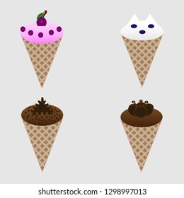 Ice cream in waffle cups with different fillers vector design