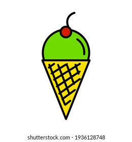 Ice cream in waffle flat icon. Pictogram for web. Line stroke. Isolated on white background. Vector eps10