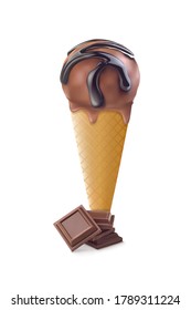 Ice cream in a waffle glass with pieces of chocolate. Vector illustration