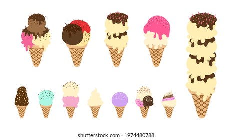 ice cream in waffle hand drawn set , isolated on white background. Vector Illustration EPS 10