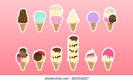 Ice cream in waffle hand drawn set , isolated on pink background, Flat Modern design , Illustration Vector  EPS 10