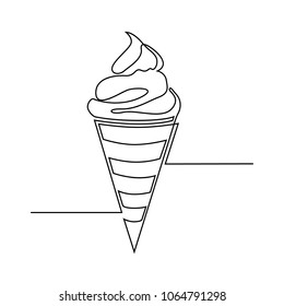 Ice cream in a waffle horn is drawn by one line on a white background. One-line drawing. Continuous line. Vector Eps10