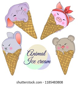 Ice cream in a waffle horn in the form of animals. Rabbit, Bear cub, baby elephant, pig. Vector illustration.