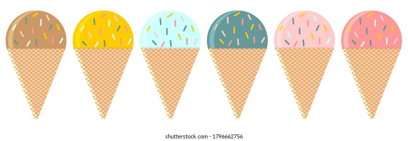 Ice cream waffle ice cream set. Vector hand drawn flat elements