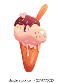 Ice cream with waffle tube isolated on a white background. Vector illustration  in cartoon style. 